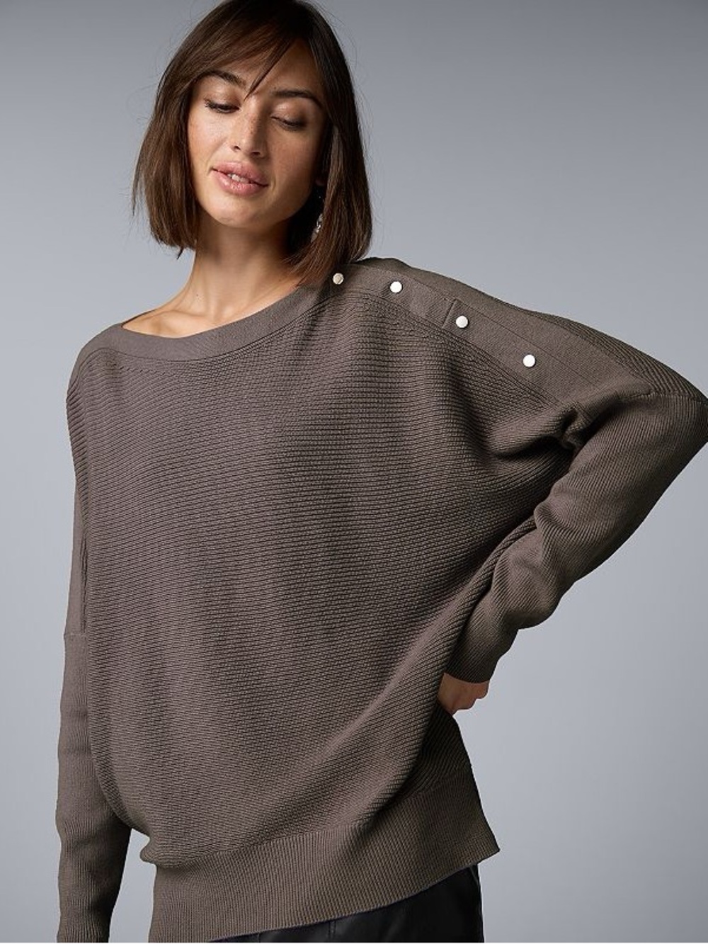 Simply Vera Vera Wang Taupe Button-Shoulder Scoop Neck Sweater